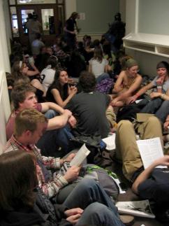 UVM students sit in to protest the administration's layoffs and budget cuts (Joanna Grossman)