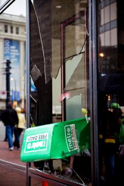 A window at a downtown Vancouver bank, allegedly broken by protesters (Christine Grabig)