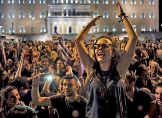 People flooded into the square outside Greece's parliament to celebrate the "no" victory
