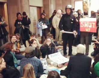 Protesters crowd City Hall as the Chicago City Council votes for repression (Brit Schulte | SW)