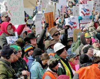 Workers and families from all over Wisconsin join in protest outside the Capitol in Madison (Jessie Reeder)