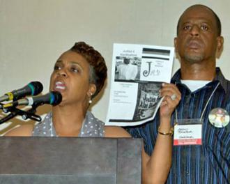 Jeralynn and Adam Blueford speak out at Socialism 2012 for their son, who was killed by Oakland police (SW)