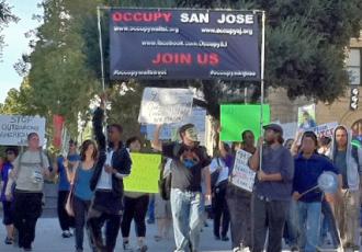 Occupy San Jose marching through Plaza de Caesar Chavez (Indybay.org)