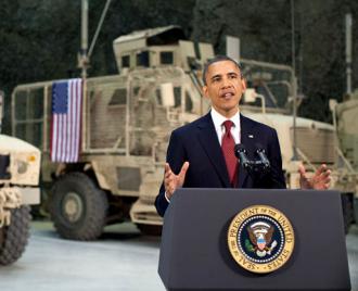 President Obama speaks at Bagram Airfield during a surprise visit to Afghanistan (Pete Souza | White House)