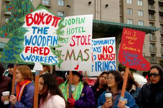 Woodfin Suites workers organized several rallies and pickets of the hotel while fighting for justice (Brooke Anderson)