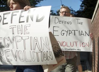 Several dozen people mobilized in solidarity with Egyptian revolutionaries against the military's latest move (Ari Paul)