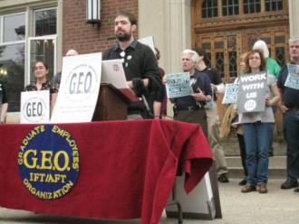 GEO employees hold a press conference before a 2009 strike