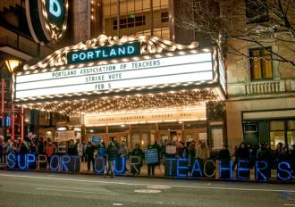 Outside the theater where Portland teachers voted nearly unanimously to authorize a strike (Bette Lee)