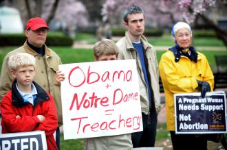 The anti-abortion side's hyped protest of Barack Obama's Notre Dame speech was tiny (Tim Sloan | AFP)