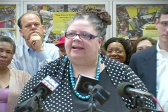 Karen Lewis, president-elect of the Chicago Teachers Union, speaks after the CORE victory was announced (Labor Beat)