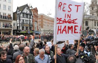 Protesters turned their backs on Margaret Thatcher's funeral procession