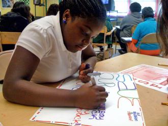 Student in a San Francisco school prepare for a speakout later in the day (David Russitano | SW)