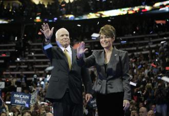 Running mate Sarah Palin joins John McCain onstage at the Republican convention (Brian Kersey | UPI)