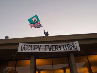 Outside the vacant bank reclaimed by occupiers in Santa Cruz (Bradley Stuart | Indybay.org)