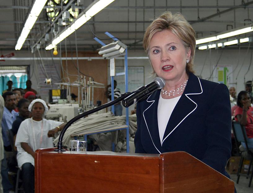 Hillary Clinton celebrates job creation in Haiti inside a clothing factory