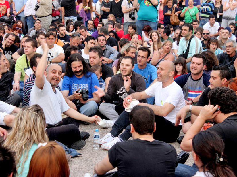 Protesters in Thessaloniki fill a public square in protest against austerity measures