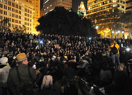 Occupy participants hold a General Assembly in the reclaimed Oscar Grant Plaza
