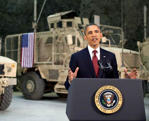President Obama speaks at Bagram Airfield during a surprise visit to Afghanistan