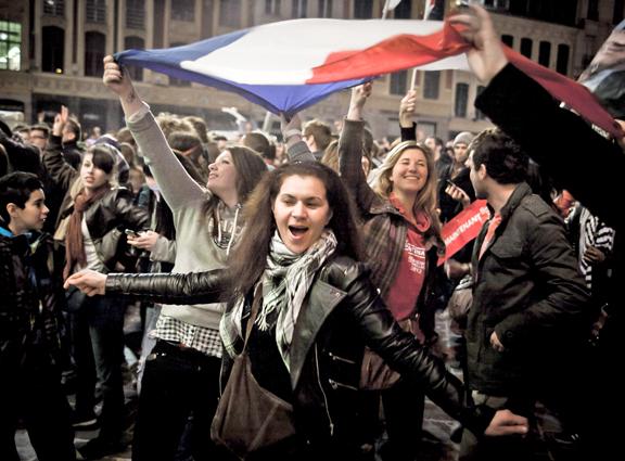 French voters celebrate the defeat of conservative former President Nicolas Sarkozy