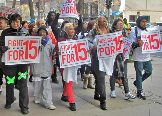 Low-wage retail and fast food workers on the march in Chicago during a day of walkouts and protests