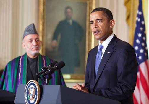 President Obama speaks to press alongside Afghan President Hamid Karzai