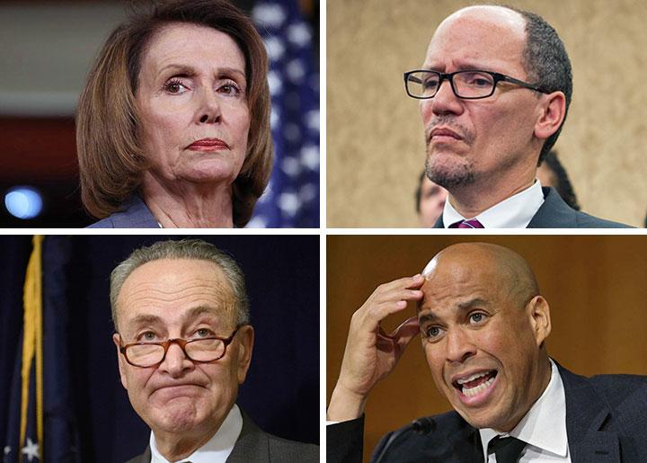 Clockwise from top left: Nancy Pelosi, Tom Perez, Cory Booker and Chuck Schumer