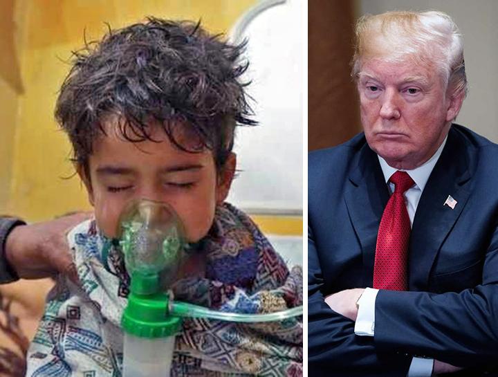 Left to right: Victim of the chemical attack in Douma; Donald Trump