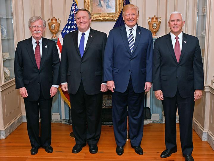 Left to right: National Security Advisor John Bolton, Secretary of State Mike Pompeo, Donald Trump and Vice President Mike Pence