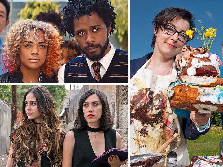 Clockwise from top left: Boots Riley’s Sorry to Bother You, The Great British Baking Show and Melissa Barrera and Mishel Prada in Vida
