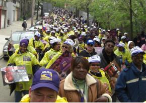 Supporters of SEIU1199 members on strike at the Kingsbridge Heights Nursing Home march through the Bronx in May 2008