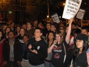 Hundreds of people gathered to protest a speech by Minutemen cofounder Chris Simcox at DePaul University in May 2008
