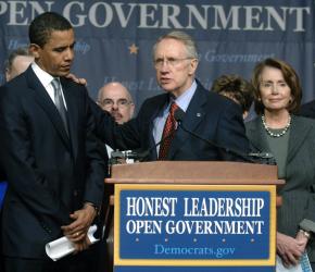 Sen. Barack Obama, Sen. Harry Reid and Rep. Nancy Pelosi