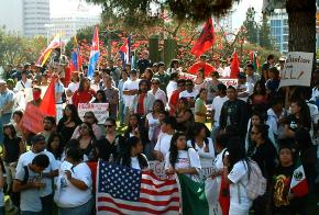 Marchers gather for the May Day 2008 immigrant rights demonstration in San Diego