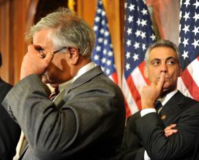 Democrats Barney Frank and Rahm Emanuel at a press conference after the bailout package failed