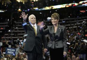 Running mate Sarah Palin joins John McCain onstage at the Republican convention