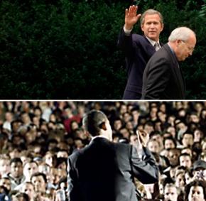 Above, George Bush and Dick Cheney; below, Barack Obama