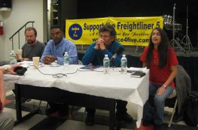 Members of the Freightliner Five speak at a solidarity meeting in New York City