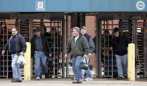 Workers leaving a shift at the General Motors Powertrain Plant in Warren, Mich.