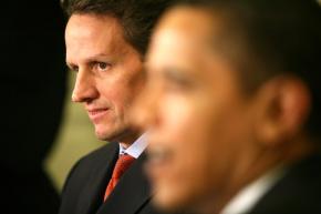 Treasury Secretary Tim Geithner, with President Obama, at a White House press conference
