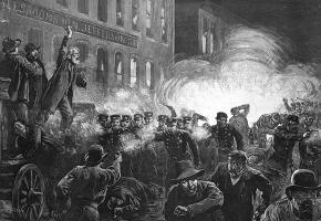 Engraving of the scene at Haymarket Square in 1886
