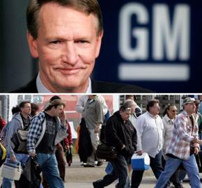 (Top) Former GM CEO Rick Wagoner, (Bottom) auto workers leaving a GM plant