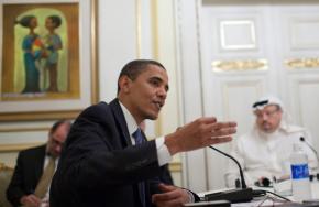 Barack Obama meets with a roundtable of Middle Eastern reporters in Cairo, Egypt