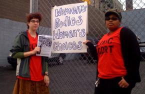 Pro-choice activists act as clinic escorts at the Dr. Emily Women's Health Center