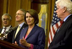 Nancy Pelosi discusses health care legislation alongside (left to right) with Barney Frank, Harry Reid and Chris Dodd