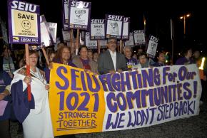 SEIU Local 1021 held a protest against planned layoffs of city workers in San Francisco