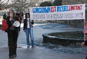 Members of United Students Against Sweatshops at Georgetown University protest Russell Athetic