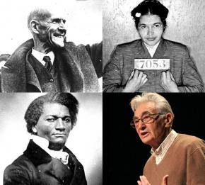 Clockwise from top left: Eugene V. Debs, Rosa Parks, Howard Zinn and Frederick Douglass