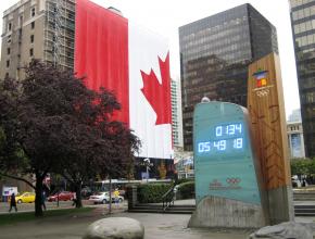 Vancouver's Hotel Georgia stands behind an Olympics countdown clock
