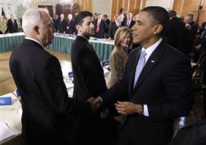 President Obama greets Republican Sen. John Kline at the White House health care summit