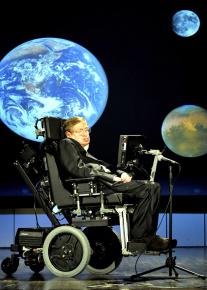 Stephen Hawking delivers a lecture at a celebration of NASA's 50th anniversary